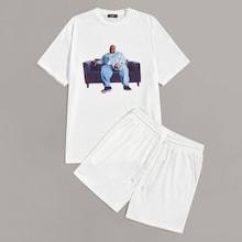 Romwe Guys Figure Print Top & Drawstring Waist Shorts Set