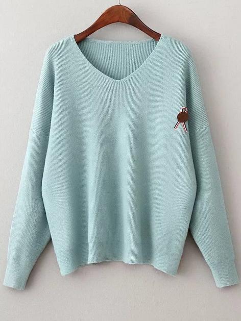 Romwe Blue V Neck Drop Shoulder Loose Sweater With Brooch