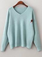 Romwe Blue V Neck Drop Shoulder Loose Sweater With Brooch