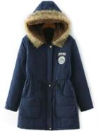 Romwe Hooded Drawstring Letter Patch Navy Coat