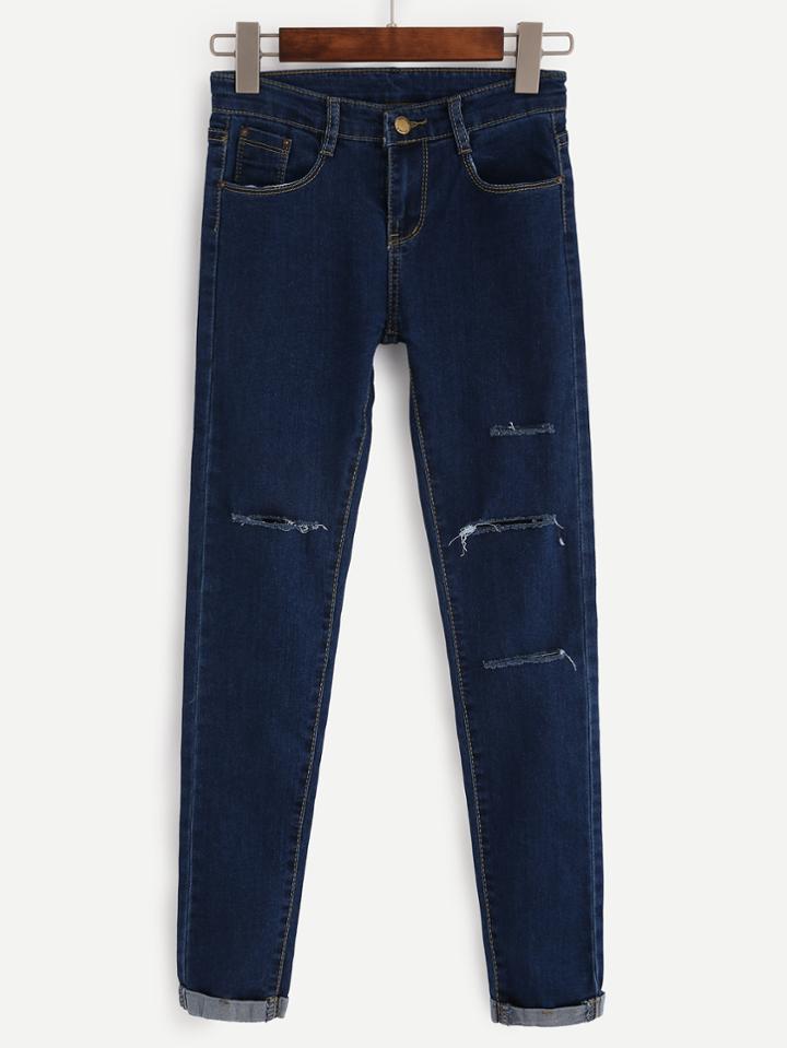 Romwe Dark Blue Ripped Cuffed Denim Pants