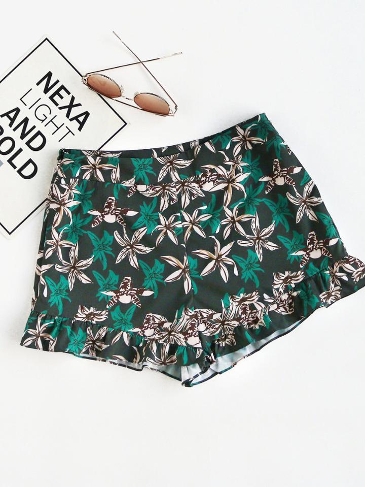 Romwe Zip Side Frilled Hem Floral Shorts