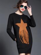 Romwe Black Round Neck Long Sleeve Pockets Dress