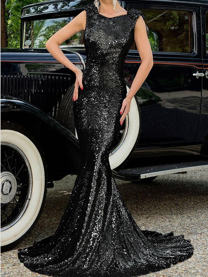 Romwe Black Glitter Backless Fishtail Dress