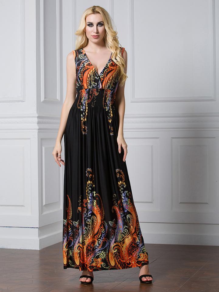 Romwe Plunge Shirred Waist Surplice Maxi Dress