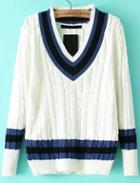 Romwe V Neck Cable Knit White Sweater