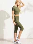Romwe Army Green Short Sleeve Crop T-shirt With Capri Pants