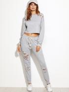 Romwe Heather Grey Ripped Crop Top With Drawstring Waist Pants