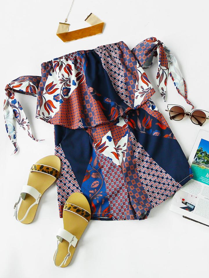 Romwe All Over Printed Self Tie Sleeve Layered Romper