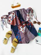 Romwe All Over Printed Self Tie Sleeve Layered Romper