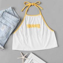 Romwe Letter Print Ringer Halter Top