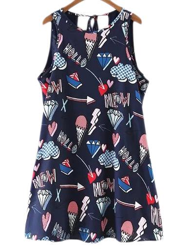 Romwe Multicolor Tie Back Sleeveless Printed Dress