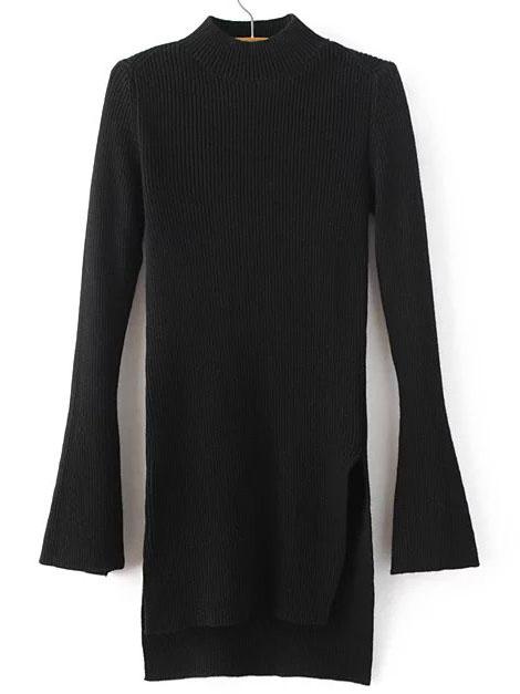 Romwe Black Crew Neck Bell Sleeve Side Slit Dip Hem Sweater