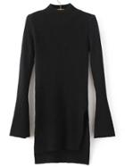 Romwe Black Crew Neck Bell Sleeve Side Slit Dip Hem Sweater