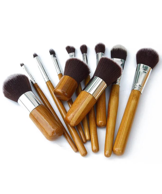 Romwe 11 Pcs Bamboo Makeup Foundation Fiber Liner Eyeshadow Cosmetic Brush Set Bag Kit