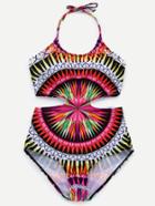 Romwe Multicolor Halter Geometric Print One Piece Swimwear