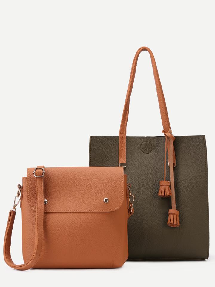 Romwe Green Pu Tassel Trim Tote Bag With Crossbody Bag
