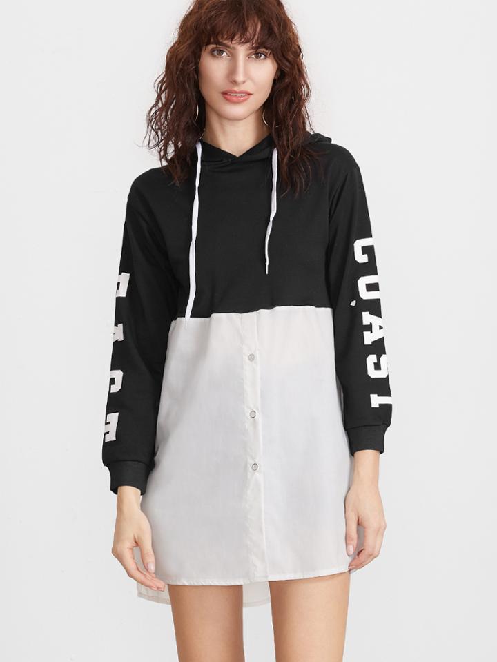 Romwe Sleeve Letter Print Contrast Shirt Hem High Low Hoodie