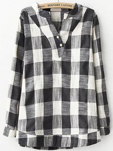 Romwe V Neck Plaid Grey Blouse