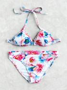 Romwe Calico Print Halter Beach Bikini Set