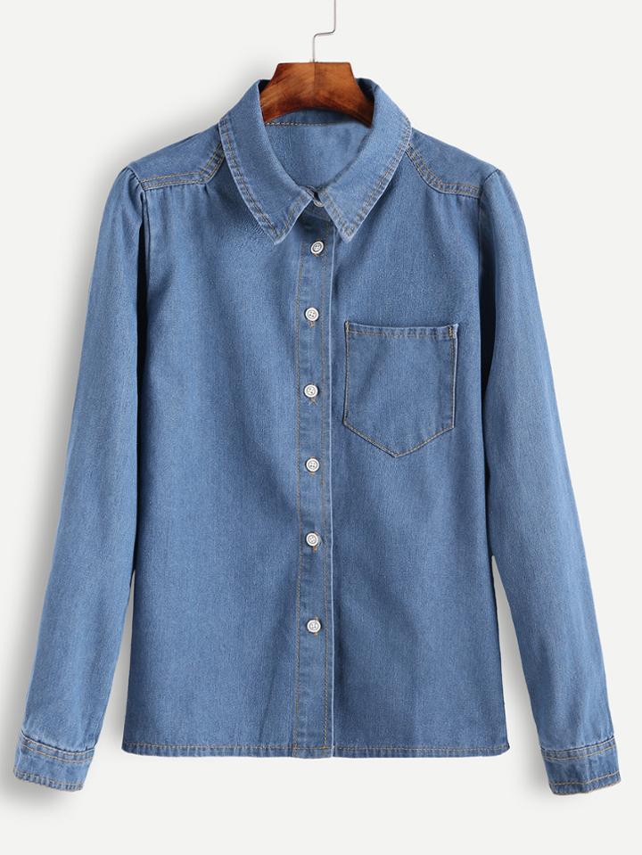 Romwe Blue Button Front Long Sleeve Denim Shirt