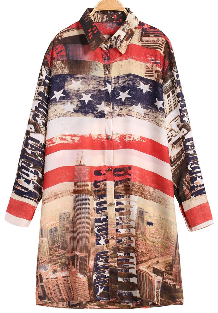 Romwe Stars City Print Red Blouse
