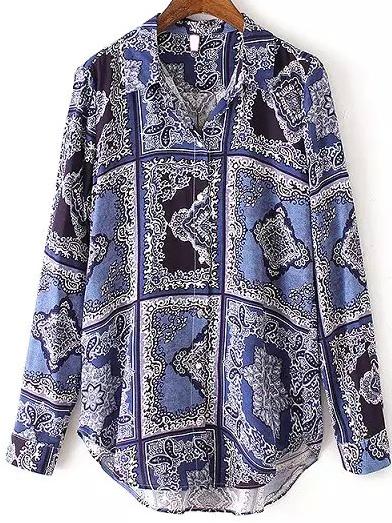 Romwe Lapel Blue And White Porcelain Print Blouse