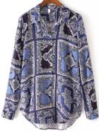Romwe Lapel Blue And White Porcelain Print Blouse