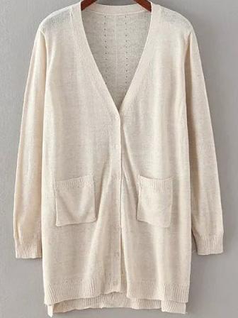 Romwe With Pockets Hollow Side Slit Apricot Cardigan