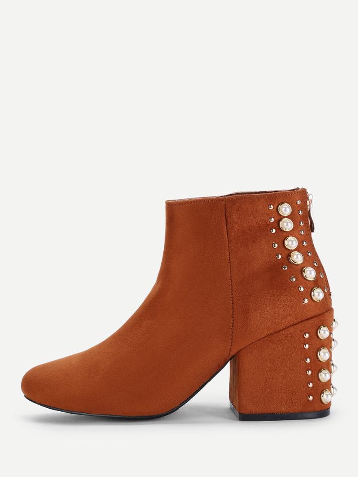 Romwe Studded & Faux Pearl Back Ankle Boots