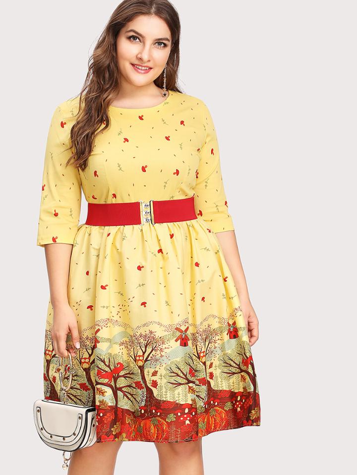 Romwe Cartoon Print Dress With Belt