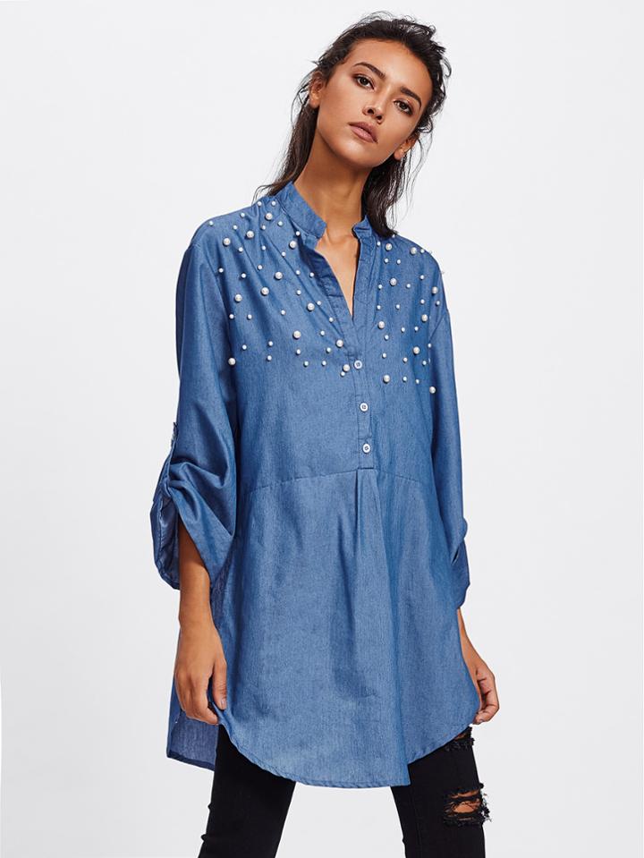 Romwe Faux Pearl Yoke Rolled Up Sleeve Shirt
