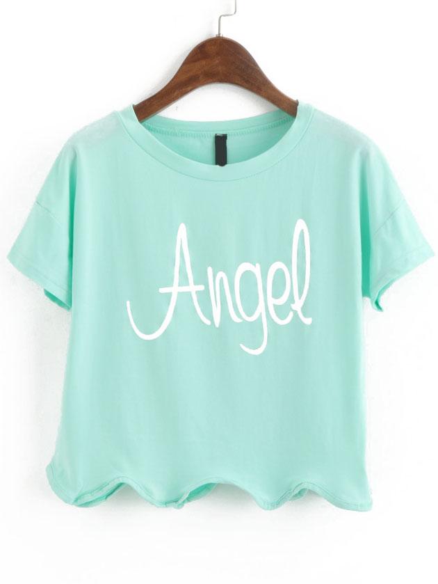 Romwe Letter Print Loose Green T-shirt
