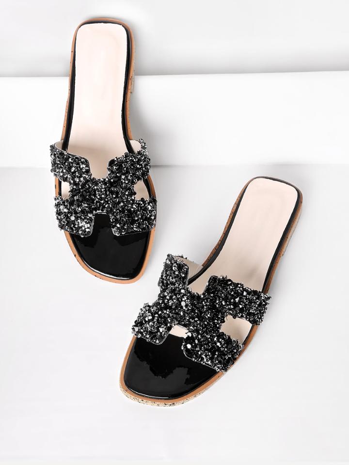 Romwe Sequin Decorated Cutout Flat Slides