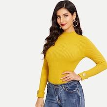 Romwe Ribbed Frill Mock Neck Skinny Sweater