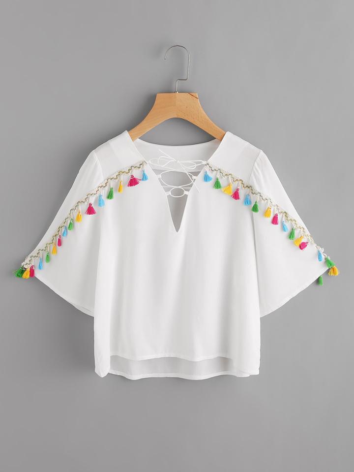 Romwe Tassel Tape Lace Up V Neckline Top