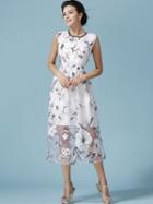 Romwe White Sleeveless Flower Print Organza Dress
