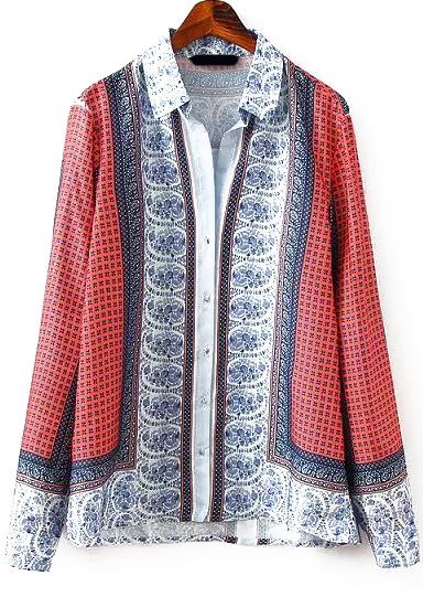 Romwe Lapel Long Sleeve Tribal Print Red Blouse
