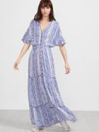 Romwe Blue Vintage Print Button Up Batwing Dress With Embroidered Tape Detail