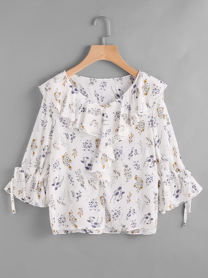 Romwe Calico Print Frill Trim Tie Cuff Top