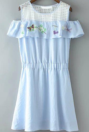 Romwe Open Shoulder Ruffle Butterfly Embroidered Dress