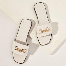Romwe Buckle Decor Pu Flat Slippers