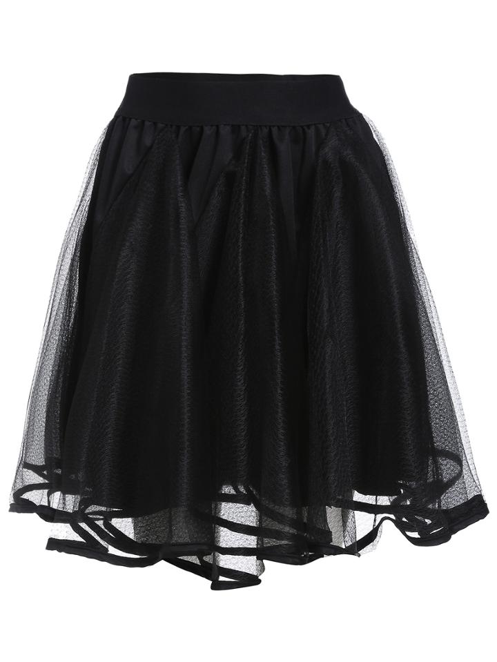 Romwe Elastic Waist Flare Mesh Skirt