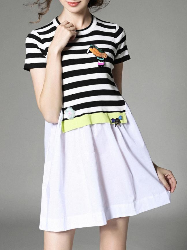 Romwe White Black Striped Applique Pouf A-line Dress