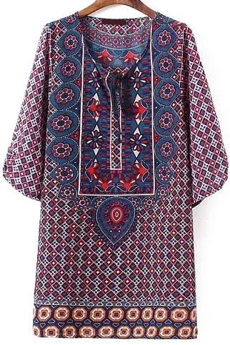 Romwe Lace Up Vintage Print Dress