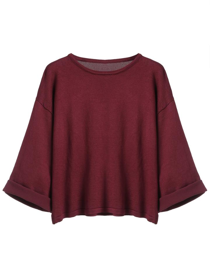 Romwe Burgundy Dropped Shoulder Seam Cuffed Knitwear