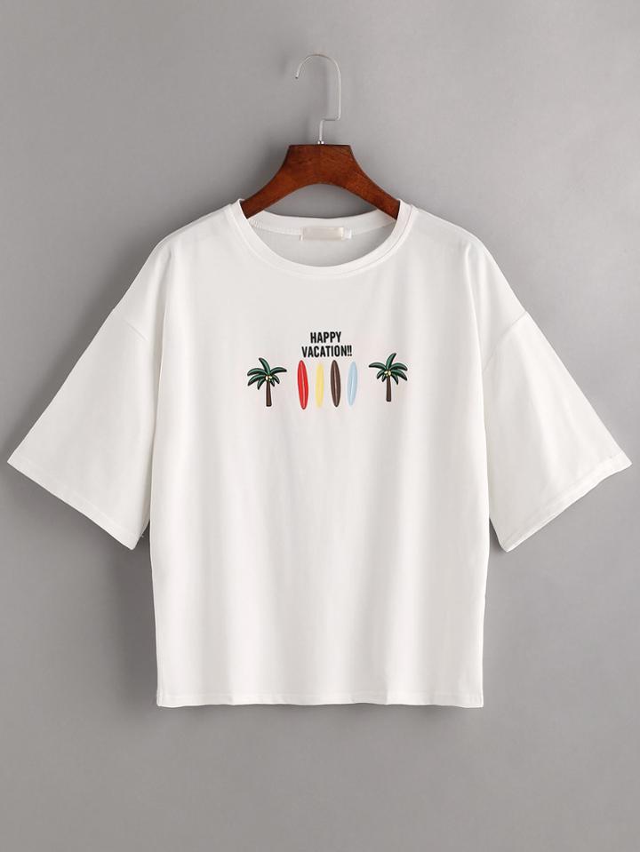 Romwe White Coconut Trees Drop Shoulder T-shirt