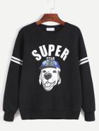 Romwe Black Varsity Striped Dog Print Sweatshirt