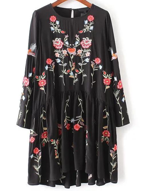 Romwe Black Flower Embroidery Keyhole Back Pleated Dress