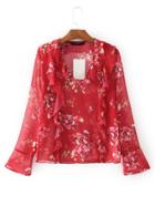 Romwe Bell Sleeve Floral Ruffle Trim Blouse